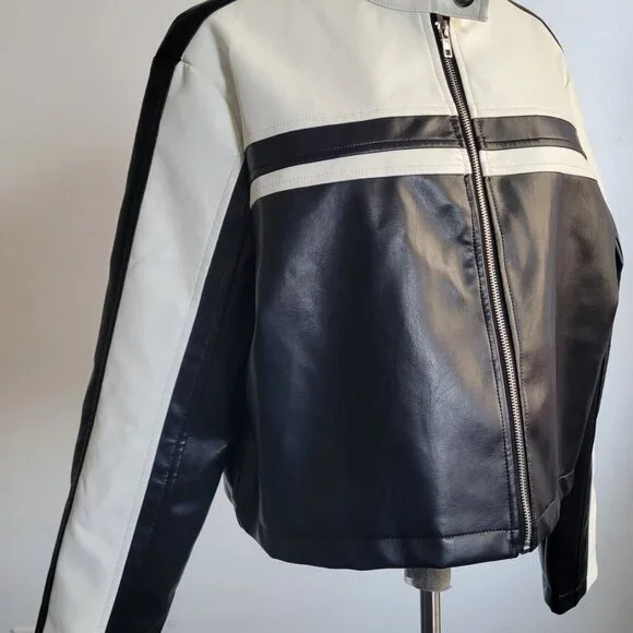 CLEARANCE -SHEIN Easy Wear Color Block B/W Vegan Leather Jacket (Size 8/10) - Picture 8 of 14